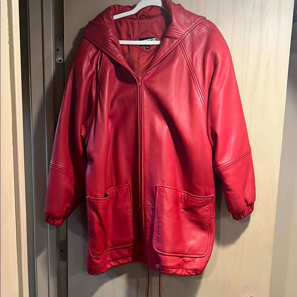 Vintage Red Leather Hooded Jacket